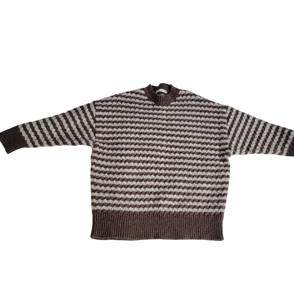 Zara Womens Oversized Striped Textured Heavy Wool blend Sweater Brown Cream Sz M